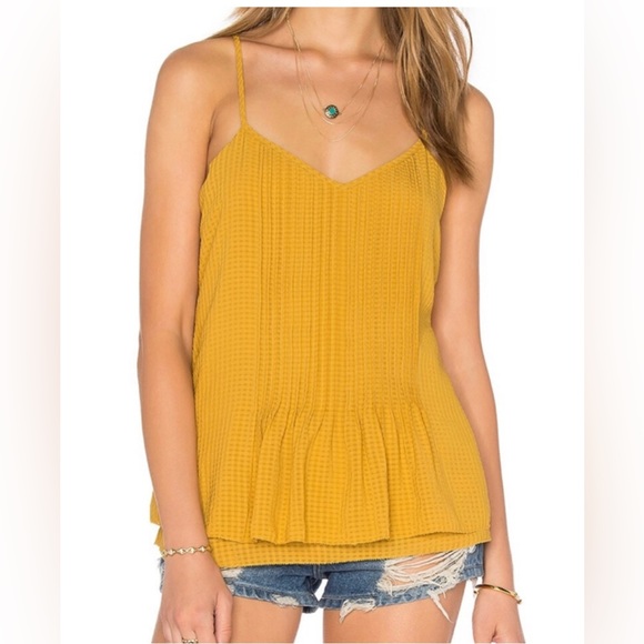 SANCTUARY mustard yellow pleated front, light ruffle trim sleeveless V neck top - Picture 10 of 10